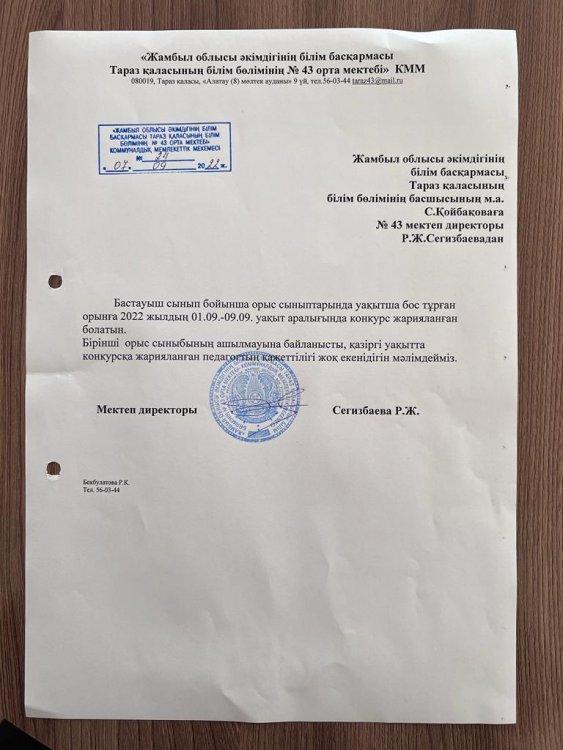 Об отмене конкурса на должность учителя начальных классов. (с русским языком обучения)