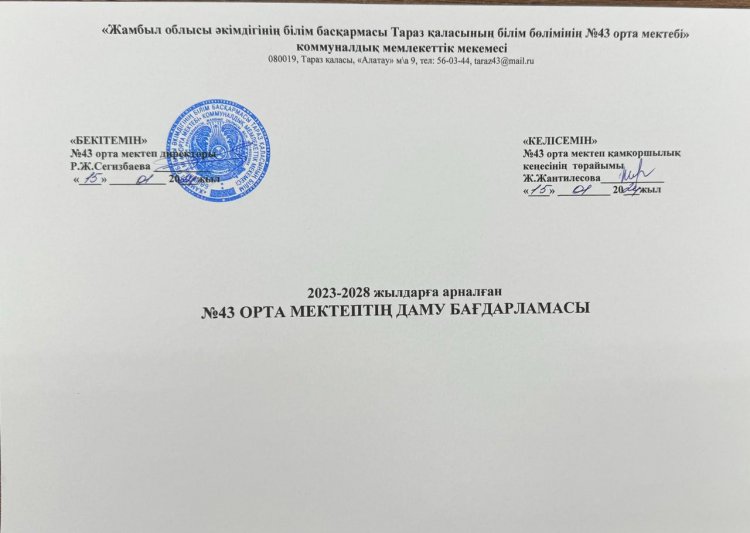 2023-2028 жылдарға арналған №43 ОРТА МЕКТЕПТІҢ ДАМУ БАҒДАРЛАМАСЫ