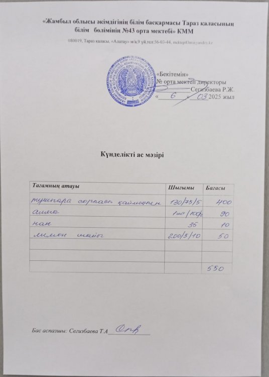 06.03.2025 ж тегін ыстық тамақтанатын білім алушылардың ас мәзірі.