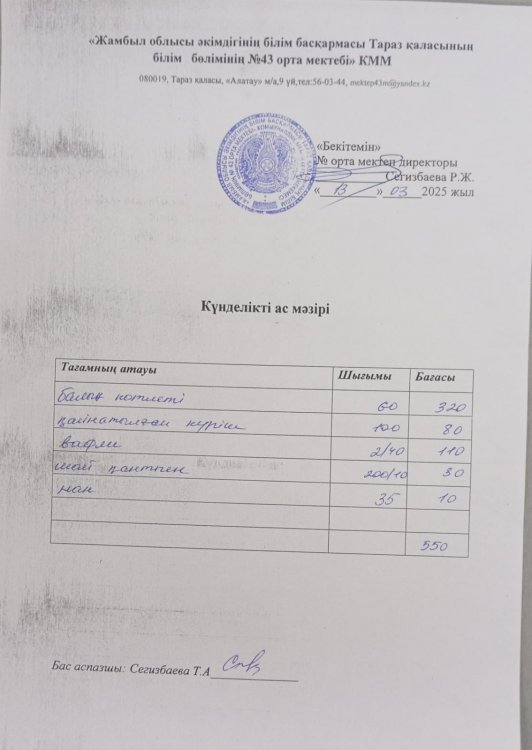 13.03.2025 ж тегін ыстық тамақтанатын білім алушылардың ас мәзірі.