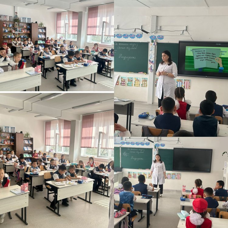 2025 жылдың 20 күні январь айында 1,4 сынып оқушыларына мектеп медбикесі А.Аман әлеуметтік педагог Ж. Байназарова «Тамақтану тәртібі» тақырыбында бейнеролик к