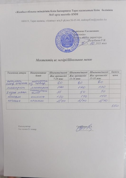 07.10.2025 ж тегін ыстық тамақтанатын білім алушылардың ас мәзірі.