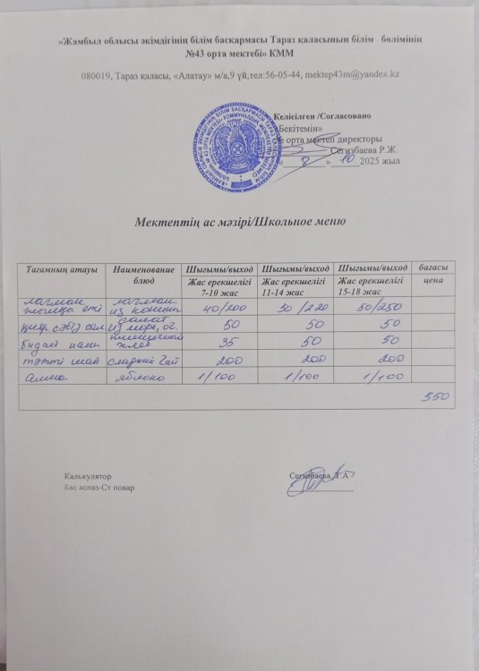 08.10.2025 ж тегін ыстық тамақтанатын білім алушылардың ас мәзірі.