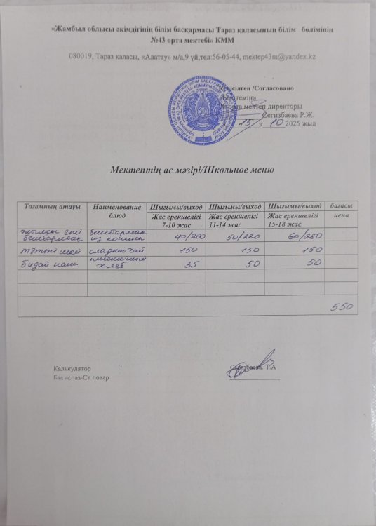 15.10.2025 ж тегін ыстық тамақтанатын білім алушылардың ас мәзірі.