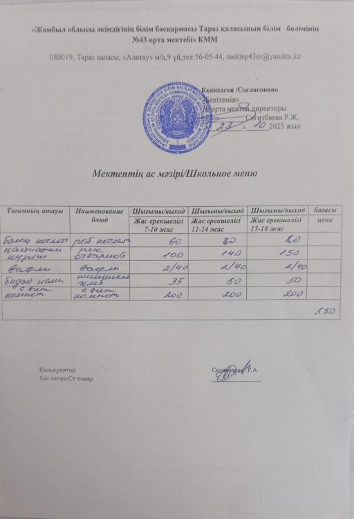 23.10.2025 ж тегін ыстық тамақтанатын білім алушылардың ас мәзірі.