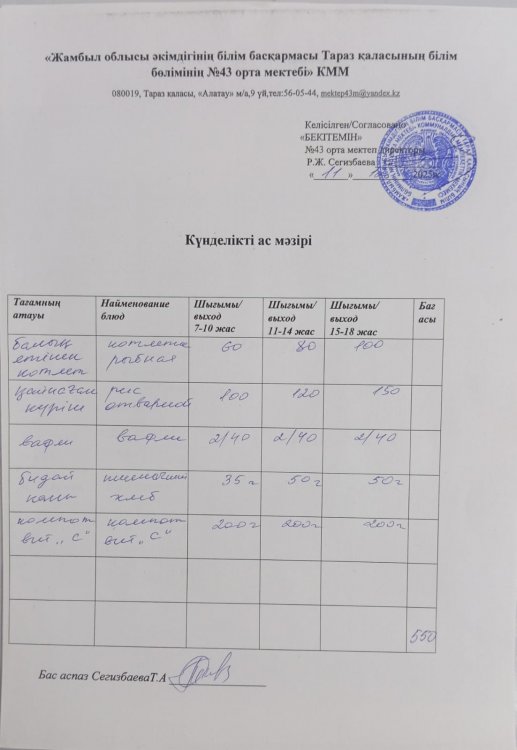 11.12.2025 ж тегін ыстық тамақтанатын білім алушылардың ас мәзірі.