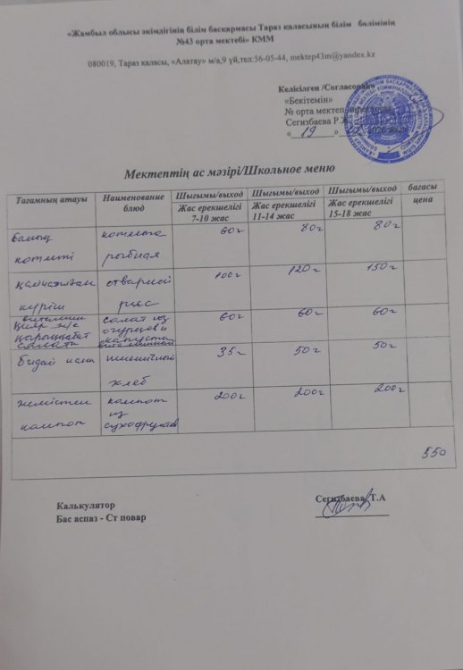 19.02.2026 ж тегін ыстық тамақтанатын білім алушылардың ас мәзірі.