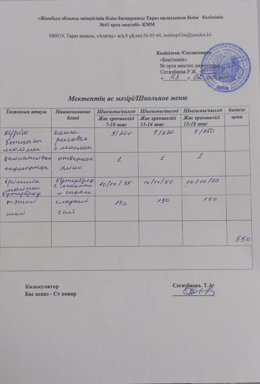 23.02.2026 ж тегін ыстық тамақтанатын білім алушылардың ас мәзірі.