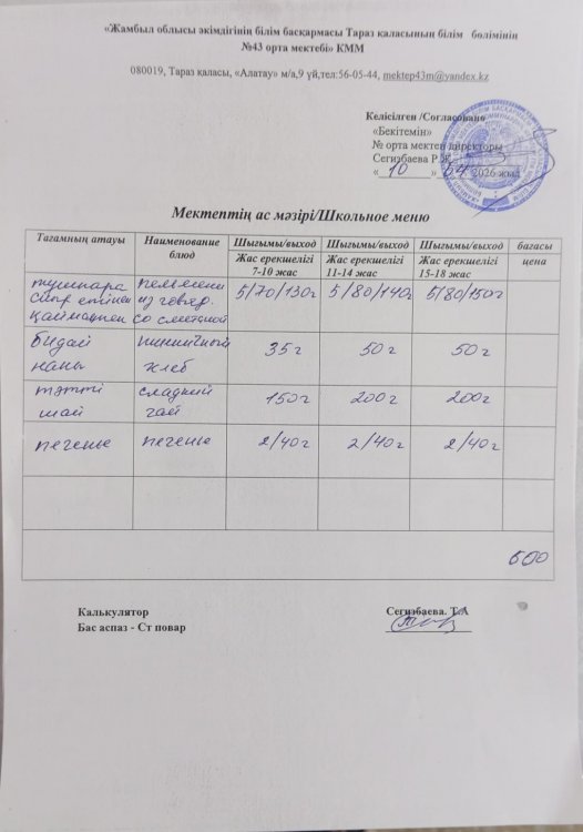 10.04.2026 ж тегін ыстық тамақтанатын білім алушылардың ас мәзірі.