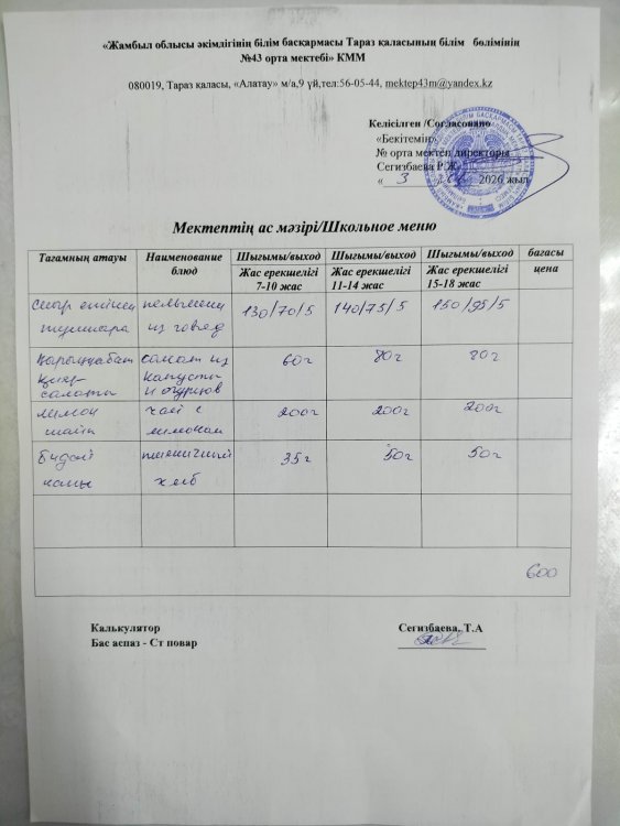 03.06.2026 ж тегін ыстық тамақтанатын білім алушылардың ас мәзірі.