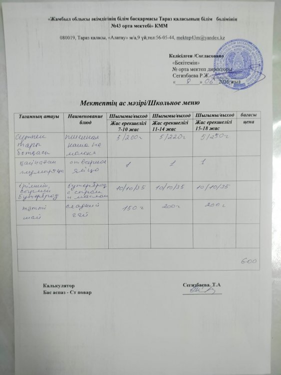 08.06.2026 ж тегін ыстық тамақтанатын білім алушылардың ас мәзірі.