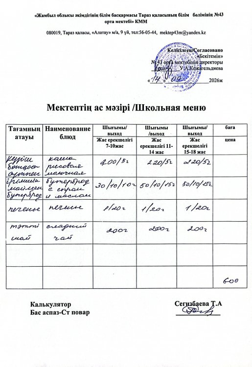 14.09.2026ж. тегін ыстық тамақтанатын білім алушылардың ас мәзірі.