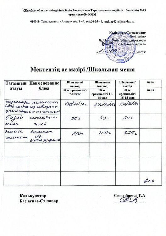 15.09.2026ж. тегін ыстық тамақтанатын білім алушылардың ас мәзірі.