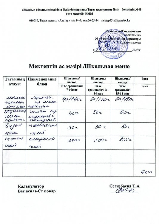 18.09.2026ж. тегін ыстық тамақтанатын білім алушылардың ас мәзірі.