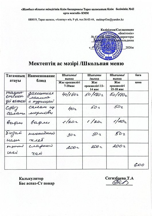23.09.2026ж. тегін ыстық тамақтанатын білім алушылардың ас мәзірі.