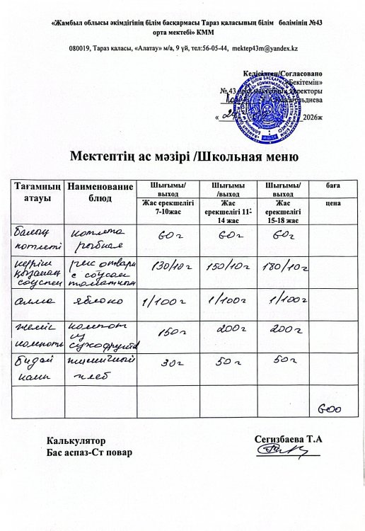 24.09.2026ж. тегін ыстық тамақтанатын білім алушылардың ас мәзірі.