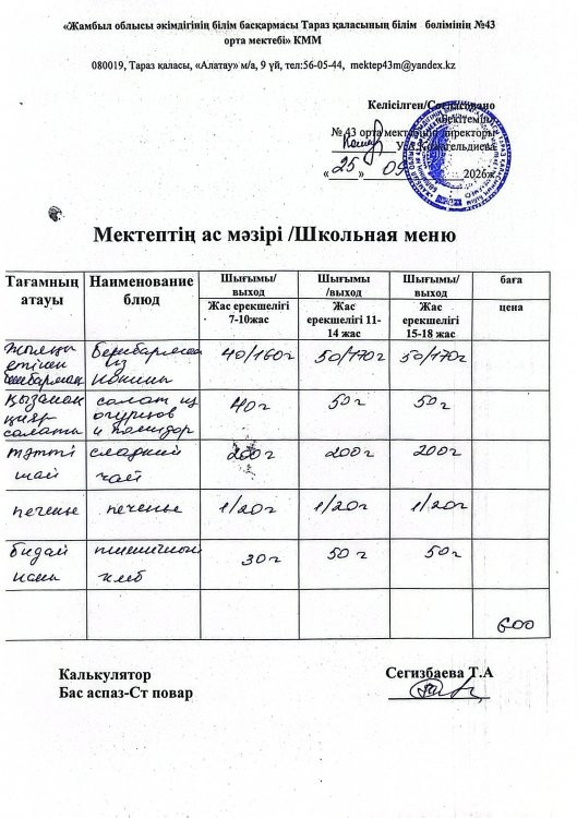 25.09.2026ж. тегін ыстық тамақтанатын білім алушылардың ас мәзірі.