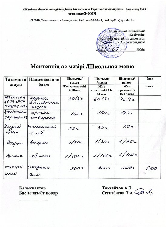 29.09.2026ж. тегін ыстық тамақтанатын білім алушылардың ас мәзірі.