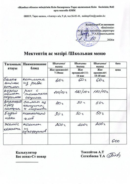 01.10.2026ж. тегін ыстық тамақтанатын білім алушылардың ас мәзірі.