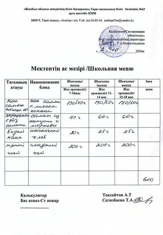 02.10.2026ж. тегін ыстық тамақтанатын білім алушылардың ас мәзірі.