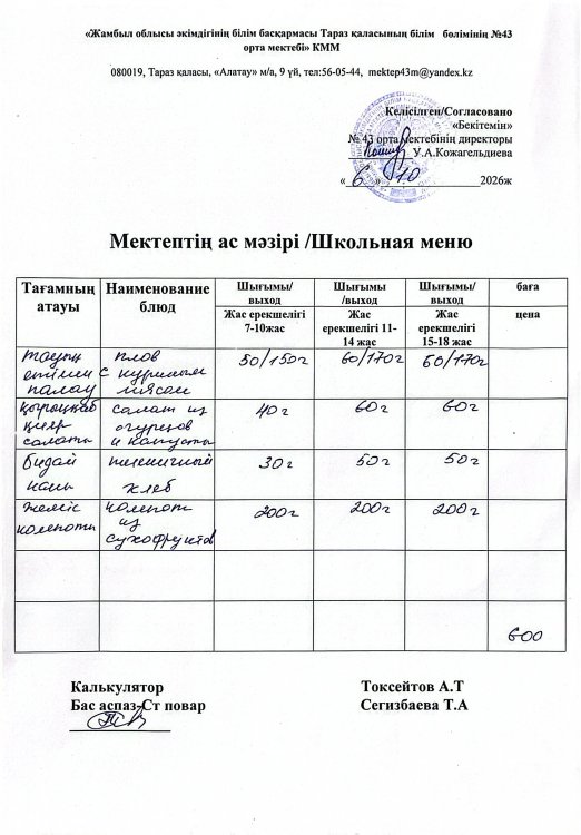 06.10.2026ж. тегін ыстық тамақтанатын білім алушылардың ас мәзірі.
