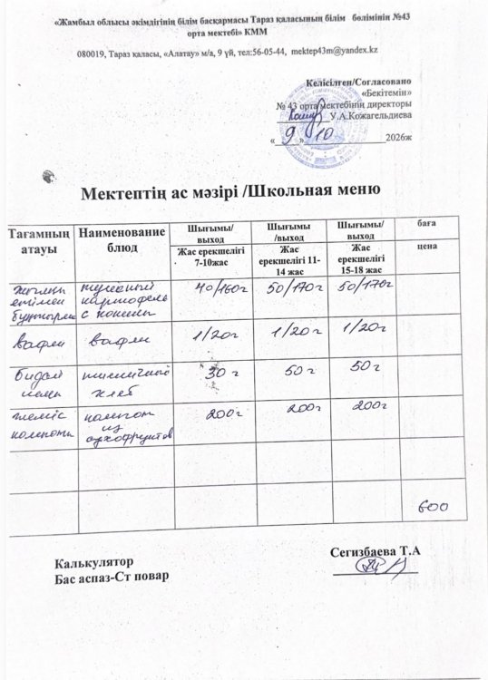 09.10.2026ж. тегін ыстық тамақтанатын білім алушылардың ас мәзірі.