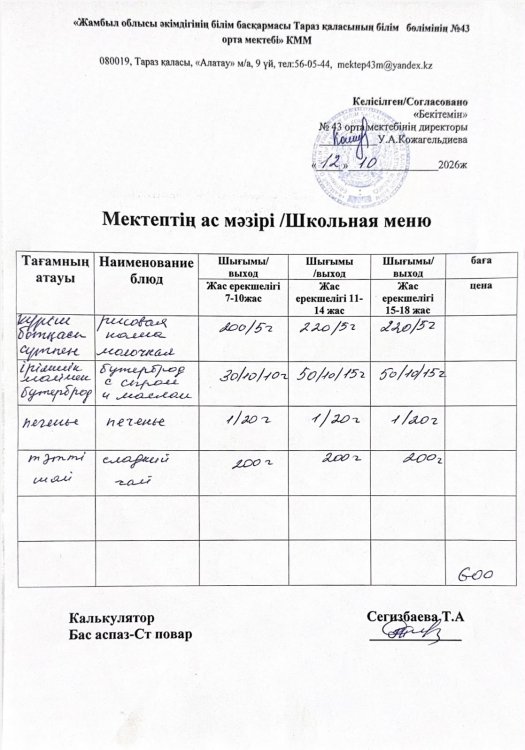 12.10.2026ж. тегін ыстық тамақтанатын білім алушылардың ас мәзірі.