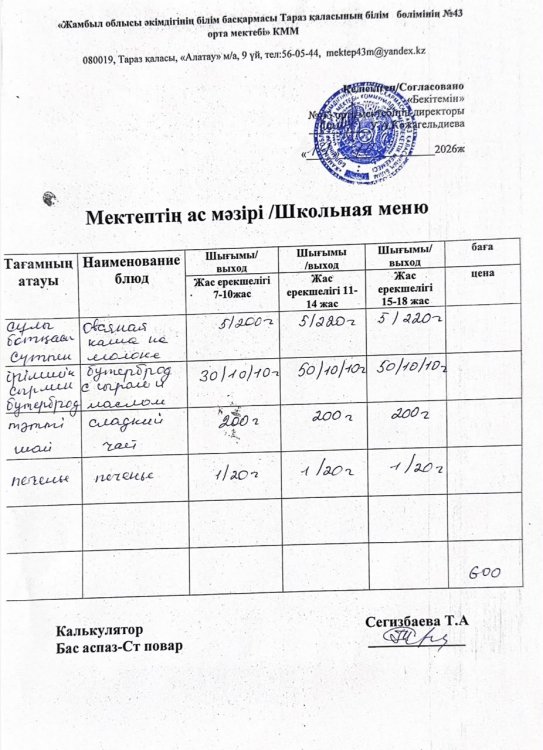 19.10.2026ж. тегін ыстық тамақтанатын білім алушылардың ас мәзірі.